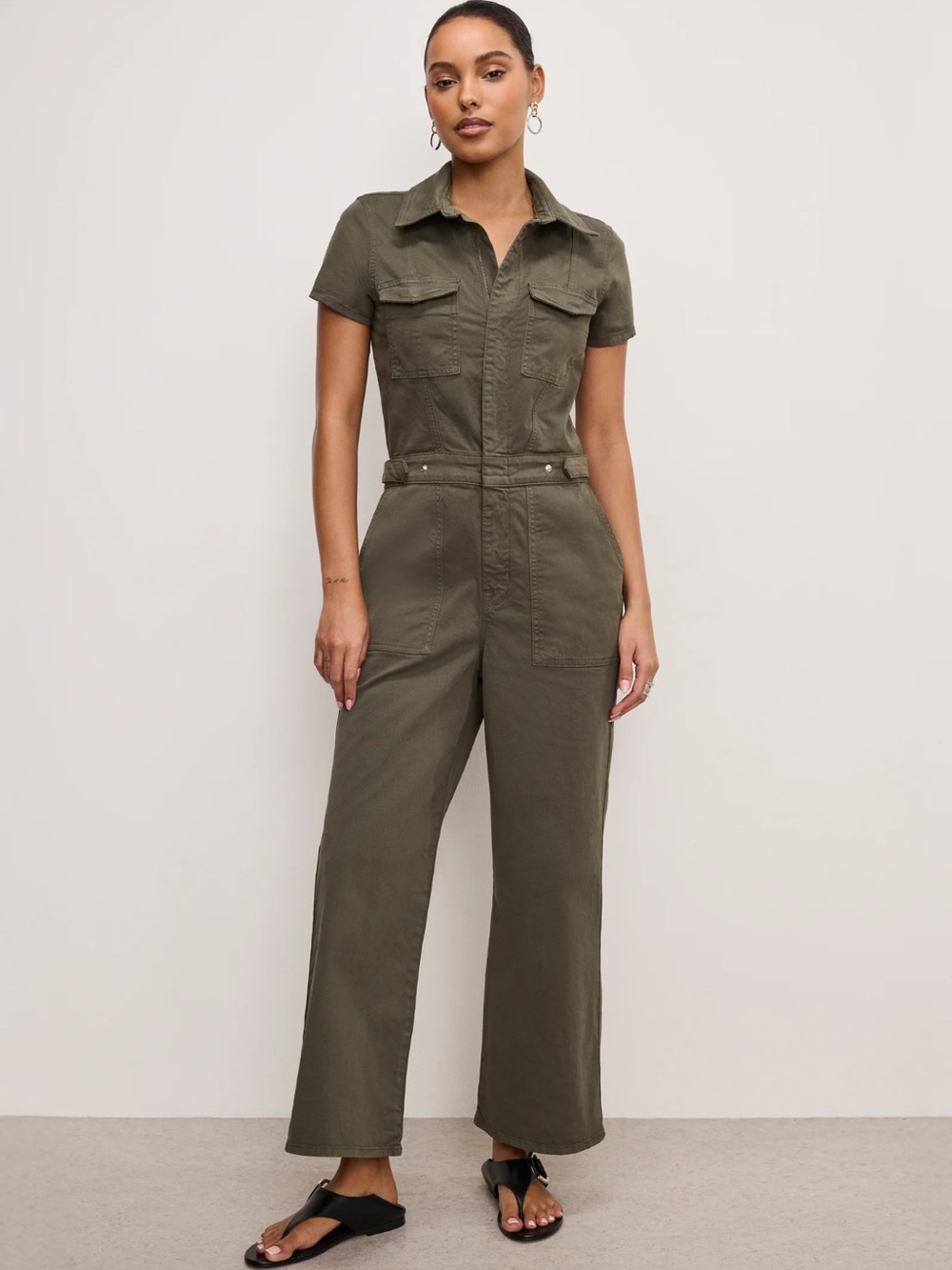 Good American Fit For Success Twill Palazzo Jumpsuit In Fatigue